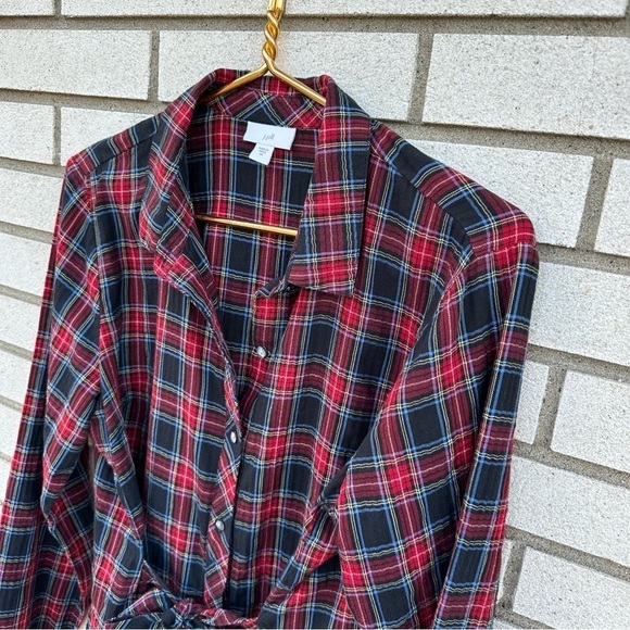 J. Jill Plaid Tie Front Button Up Shirt Red Black - Picture 3 of 12